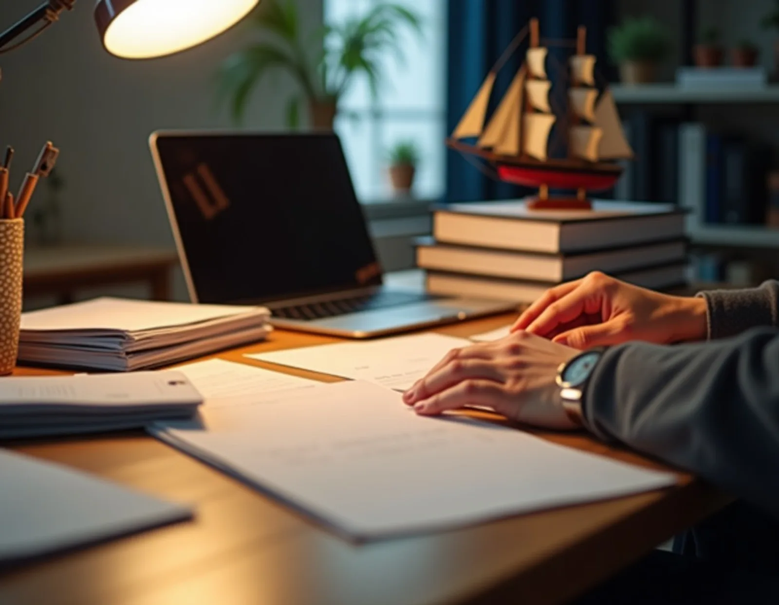 Tidy desk with ring binders, a ship model, a laptop and certificate folders under lamp light