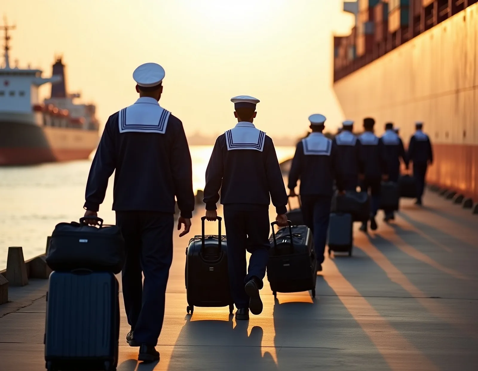 Seafarers with luggage walking along a quay towards a docked ship
