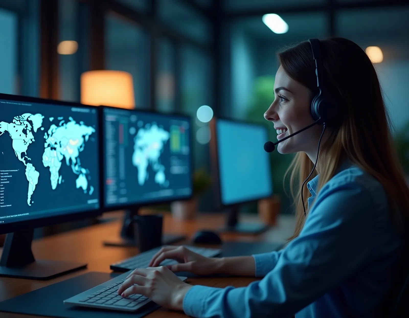 Operations coordinator wearing a headset at a desk with two monitors showing a world map