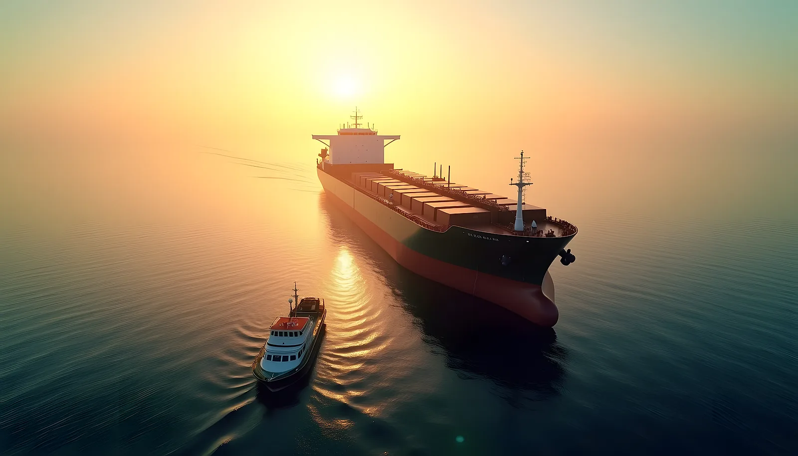 Bulk carrier at anchor at golden hour with a pilot boat alongside