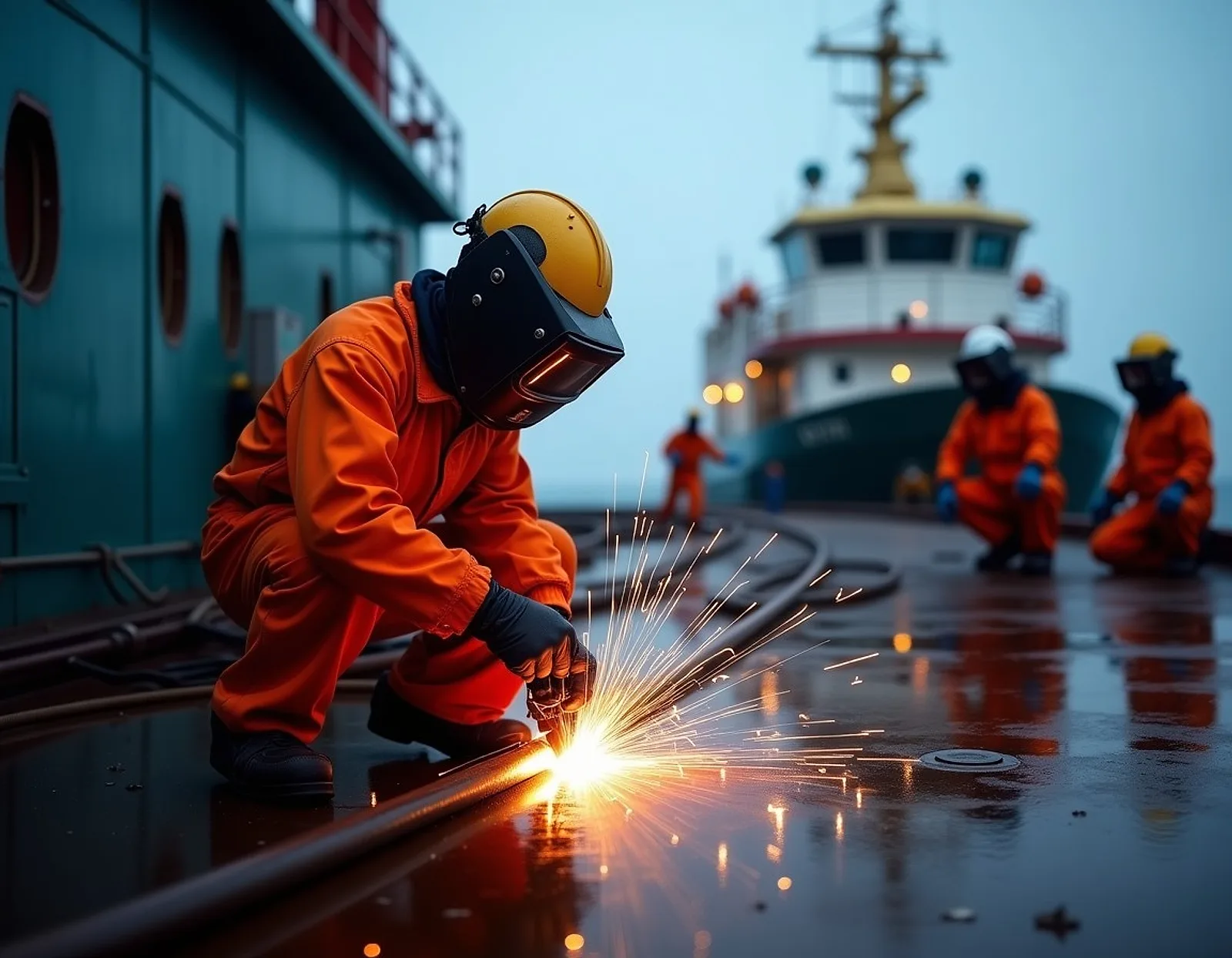Repair technicians working on a ship deck at anchorage with a welder in the foreground